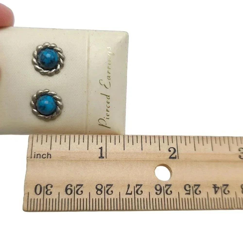 Blue Faux Turquoise Pierced Stud Earrings Butterfly Closure Silver Tone Vintage